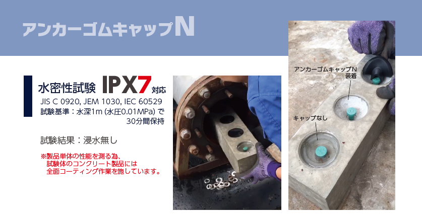 アンカーゴムキャップNの水密性試験（IPX7相当）
